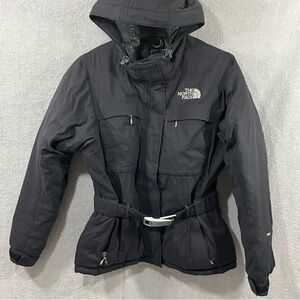 North Face Women's SMALL Black Belted Goose Down HyVent Parka Coat Hood